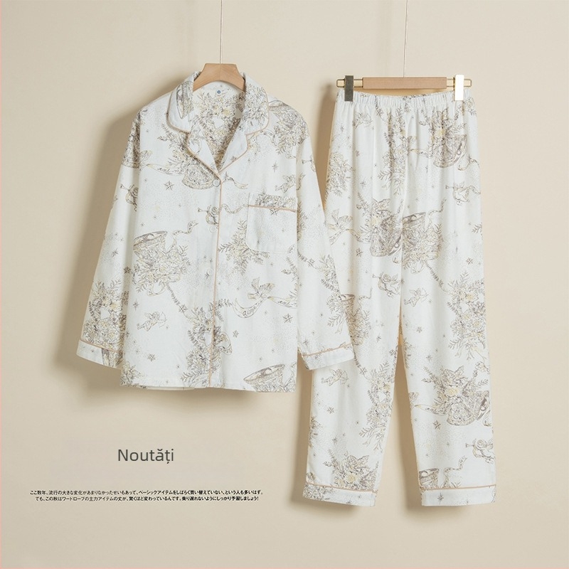 Set de pijamale, 100% bumbac, stil franțuzesc, croială lejeră, mâneci lungi, potrivit pentru iarnă, primăvară, toamnă