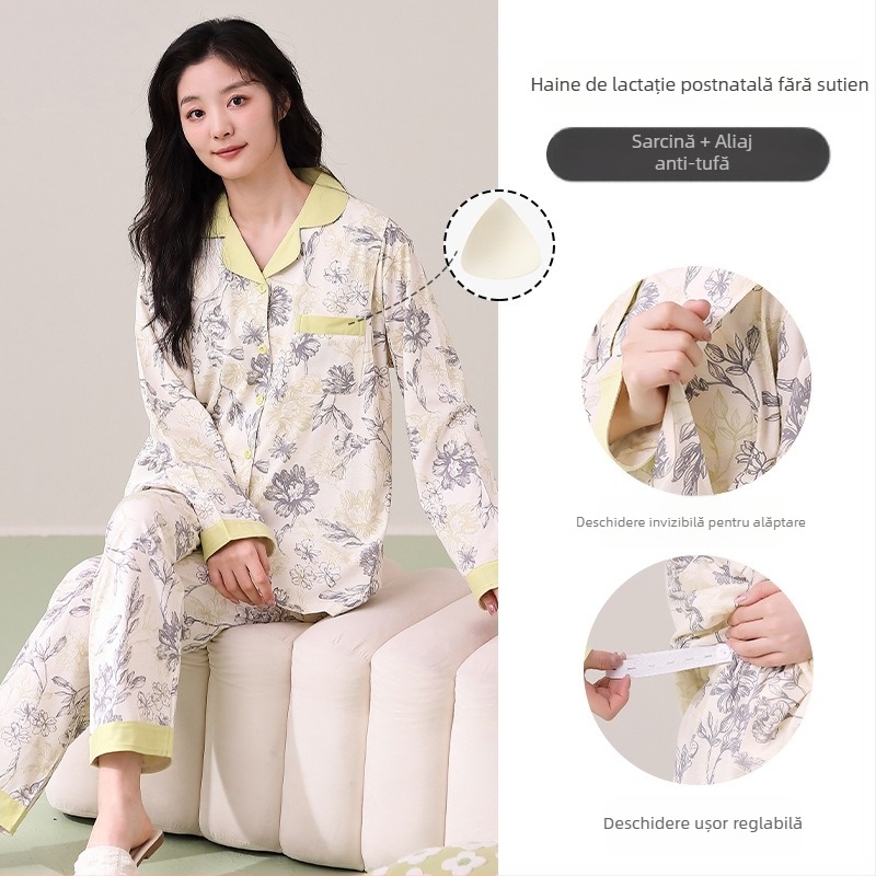 Set de loungewear pentru maternitate din bumbac 100% cu cardigan, mâneci lungi, pantaloni, grosime 161–180 g/m², pentru toate anotimpurile