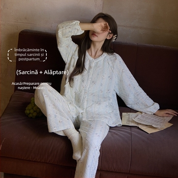 Set pijama postnatal pentru femei – 100% bumbac, țesătură groasă cu trei straturi (251-300 g/m²), deschidere pentru alăptare, mâneci lungi, guler rotund