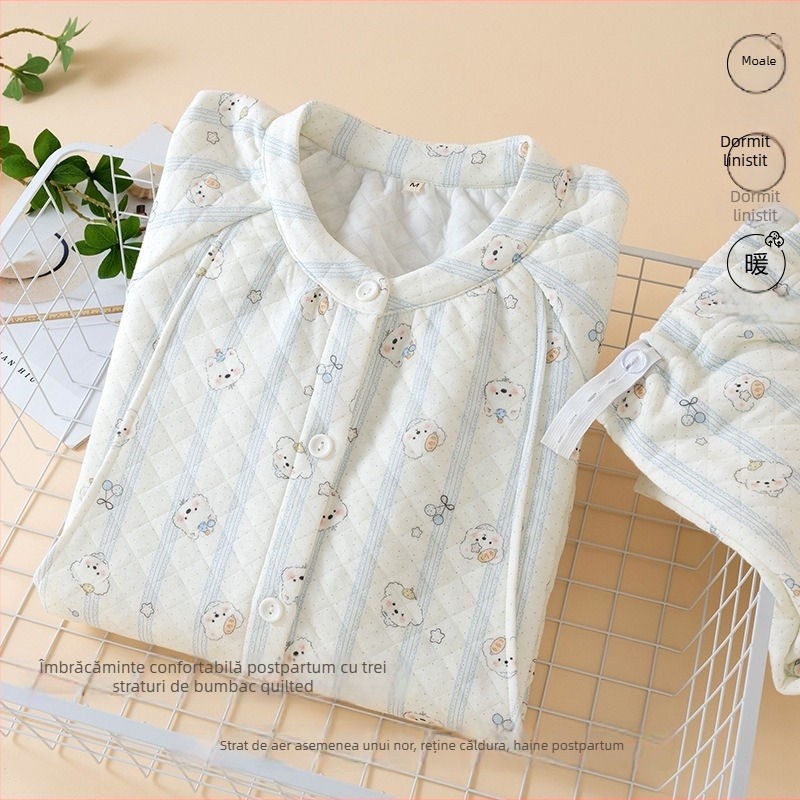 Set pijama postnatal pentru femei – 100% bumbac, țesătură groasă cu trei straturi (251-300 g/m²), deschidere pentru alăptare, mâneci lungi, guler rotund