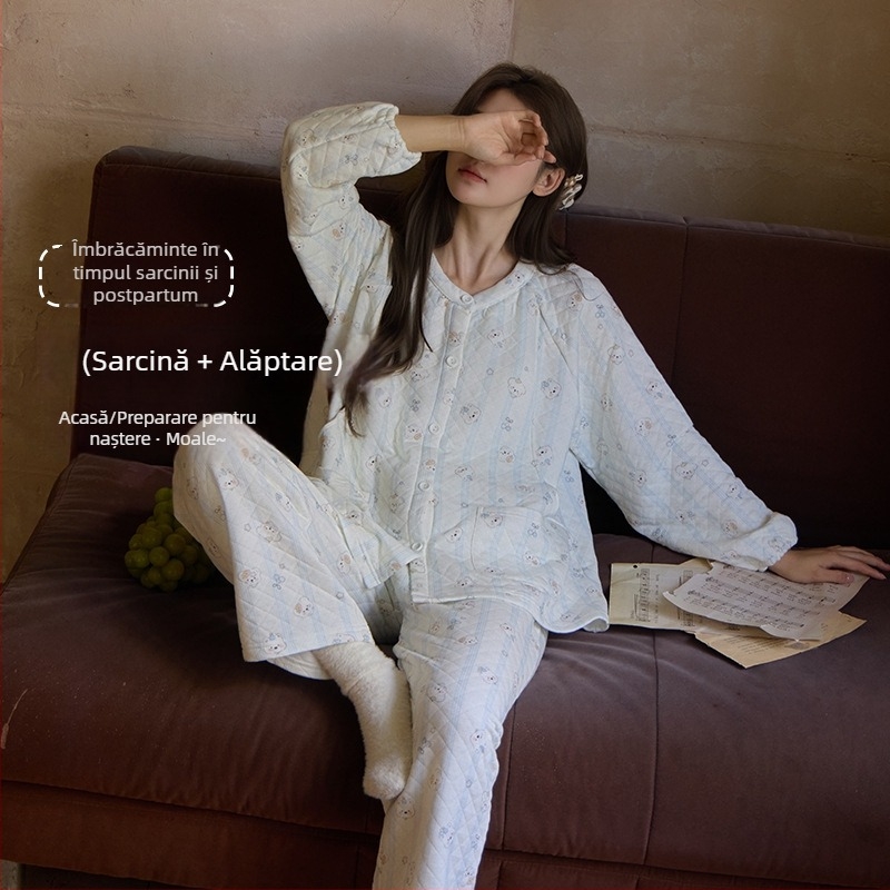 Set pijama postnatal pentru femei – 100% bumbac, țesătură groasă cu trei straturi (251-300 g/m²), deschidere pentru alăptare, mâneci lungi, guler rotund