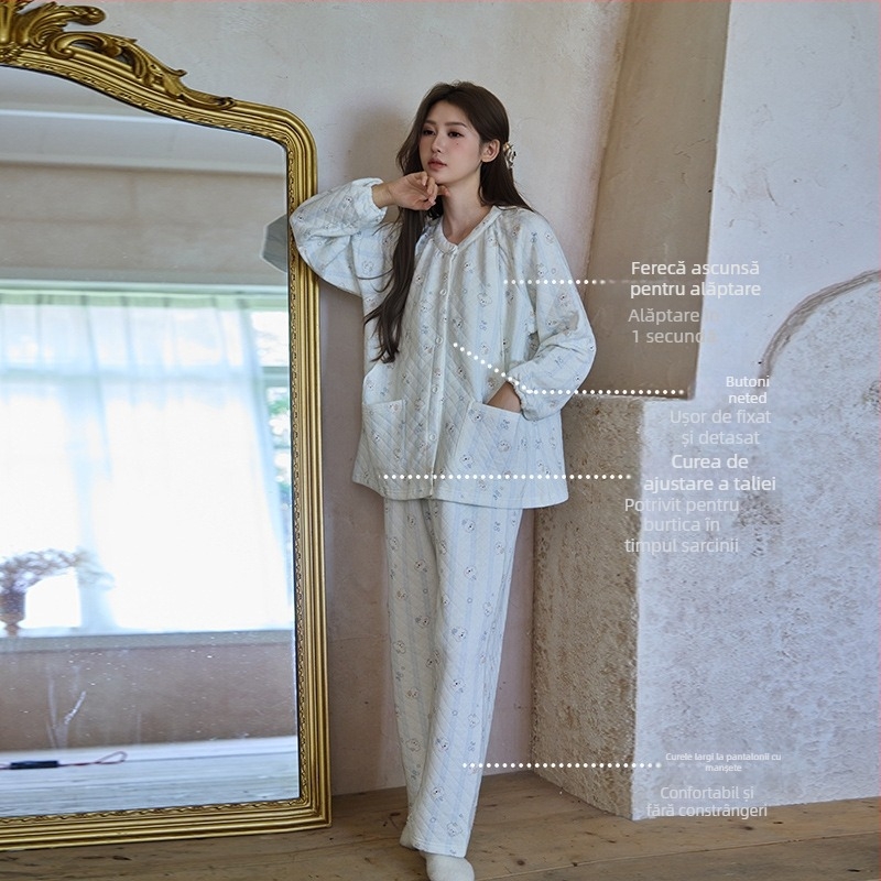 Set pijama postnatal pentru femei – 100% bumbac, țesătură groasă cu trei straturi (251-300 g/m²), deschidere pentru alăptare, mâneci lungi, guler rotund