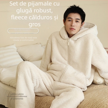 Set de pijamale cu glugă din catifea călduroasă – stil cardigan, decolteu în V, mâneci lungi, țesătură foarte groasă 401–500 g/m², potrivit pentru iarnă, primăvară și toamnă