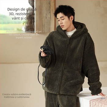 Set de pijamale cu glugă din catifea călduroasă – stil cardigan, decolteu în V, mâneci lungi, țesătură foarte groasă 401–500 g/m², potrivit pentru iarnă, primăvară și toamnă