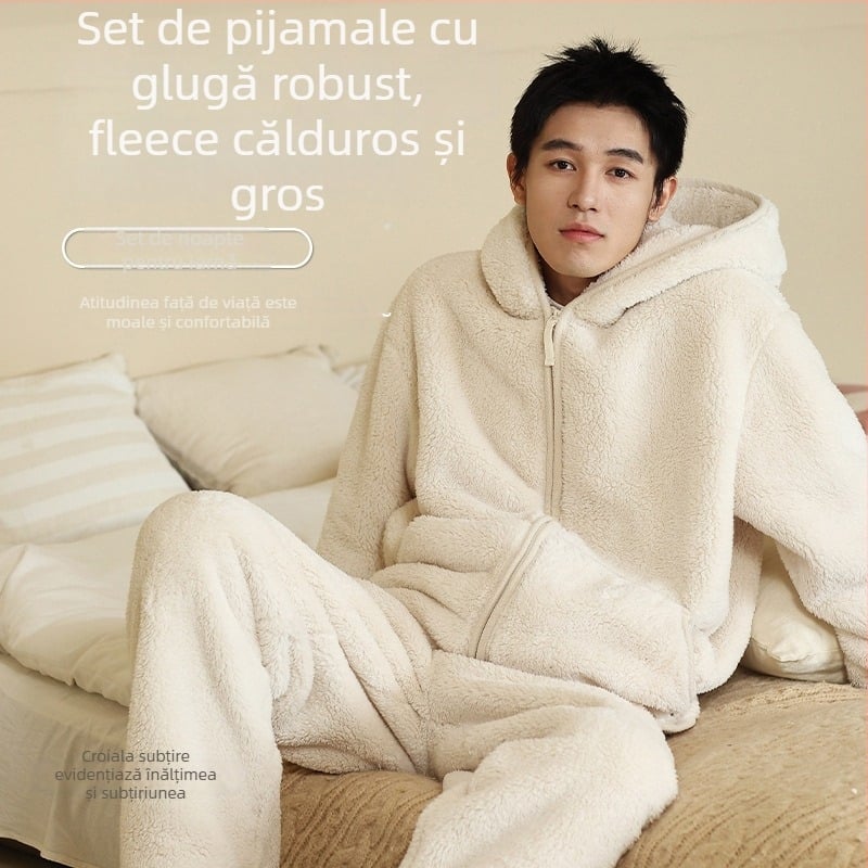 Set de pijamale cu glugă din catifea călduroasă – stil cardigan, decolteu în V, mâneci lungi, țesătură foarte groasă 401–500 g/m², potrivit pentru iarnă, primăvară și toamnă