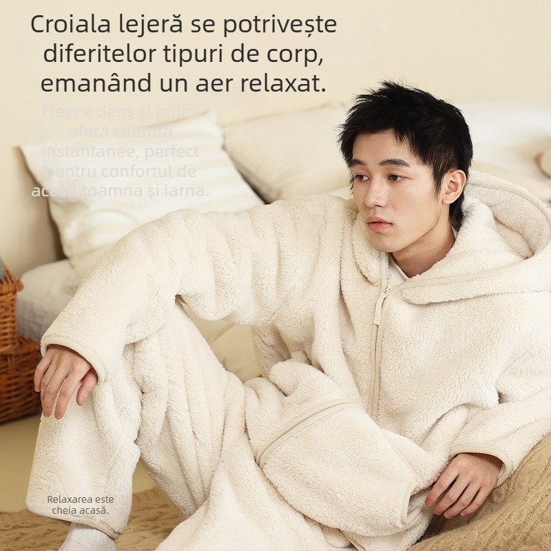 Set de pijamale cu glugă din catifea călduroasă – stil cardigan, decolteu în V, mâneci lungi, țesătură foarte groasă 401–500 g/m², potrivit pentru iarnă, primăvară și toamnă