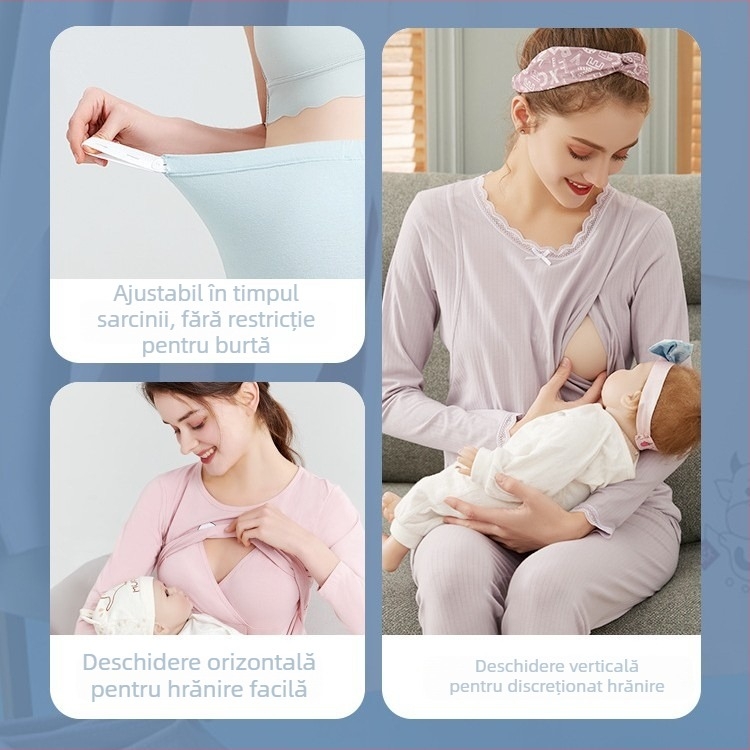 Set de pijamale maternitate din bumbac 100% — Bluza cu mâneci 3/4 și pantaloni, țesătură de greutate moderată, primăvară-toamnă, pentru alăptare