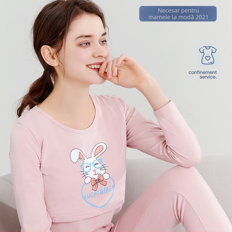 Set de pijamale maternitate din bumbac 100% — Bluza cu mâneci 3/4 și pantaloni, țesătură de greutate moderată, primăvară-toamnă, pentru alăptare