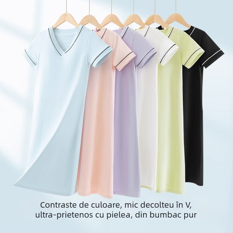 Pijamă de noapte din bumbac cu mâneci scurte, decolteu în V, cu pernă încorporată pentru bust, pentru purtare acasă