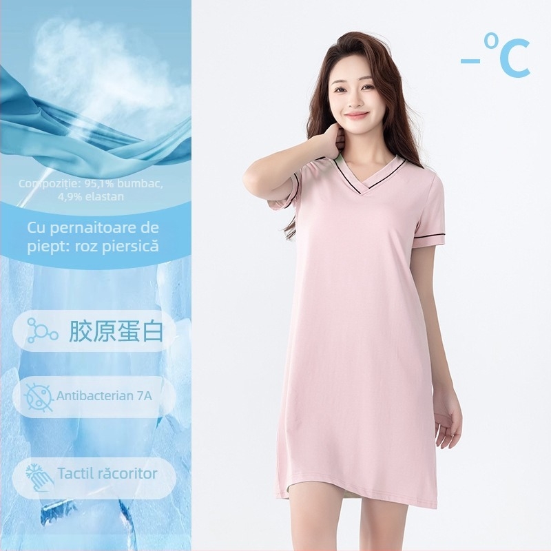 Pijamă de noapte din bumbac cu mâneci scurte, decolteu în V, cu pernă încorporată pentru bust, pentru purtare acasă