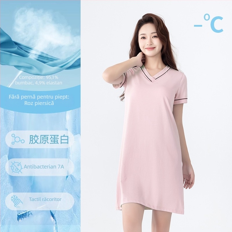 Pijamă de noapte din bumbac cu mâneci scurte, decolteu în V, cu pernă încorporată pentru bust, pentru purtare acasă