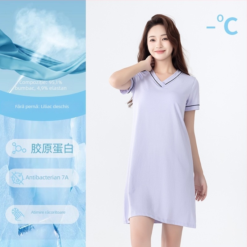 Pijamă de noapte din bumbac cu mâneci scurte, decolteu în V, cu pernă încorporată pentru bust, pentru purtare acasă
