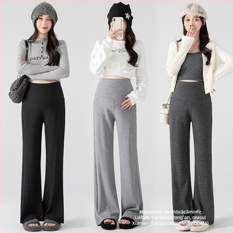 Pantaloni de maternitate – croială lejeră, Lungime 9/10, material chenille cu elastan sub 30%, talie reglabilă cu croială evazată