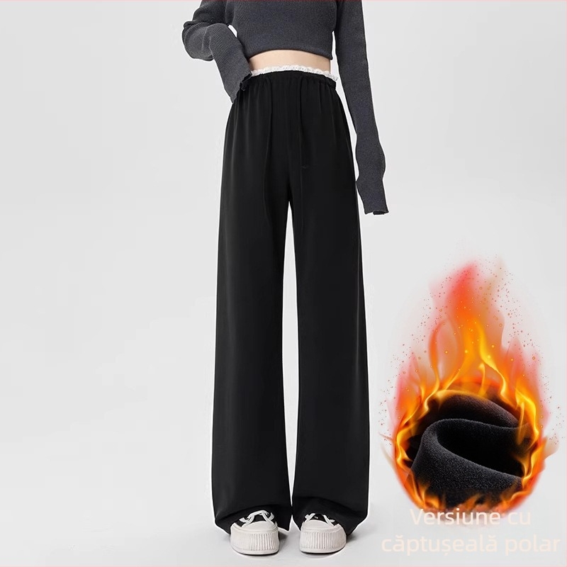 Pantaloni de maternitate, căptușiți cu fleece, largi, cu șnur, talie joasă, amestec poliester-viscoză (50–70% poliester, 30–50% viscose), toamnă 2025