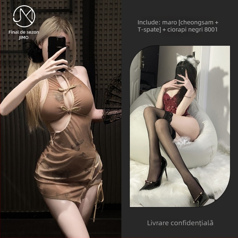 Costum de rol în stil chinezesc, spate gol, cu bretele și panouri din plasă, material poliester 90–95%.