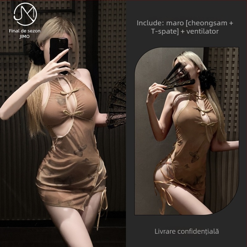 Costum de rol în stil chinezesc, spate gol, cu bretele și panouri din plasă, material poliester 90–95%.