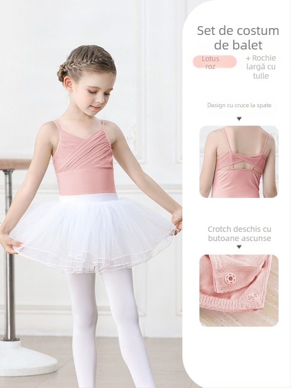 Set balet pentru copii din bumbac (95,2%), rochie cu bretele, mâneci scurte, pentru antrenament, 3–8 ani