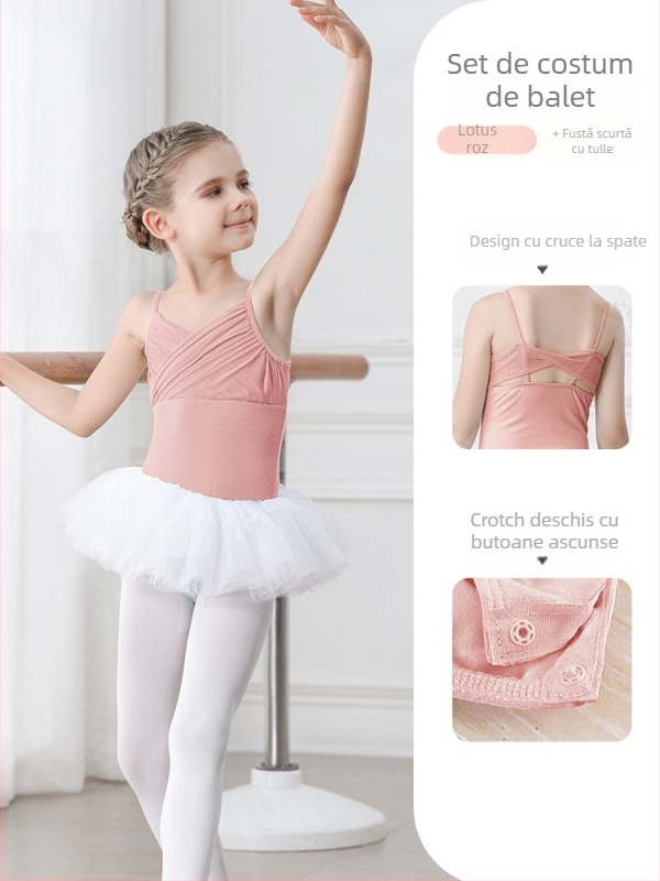 Set balet pentru copii din bumbac (95,2%), rochie cu bretele, mâneci scurte, pentru antrenament, 3–8 ani