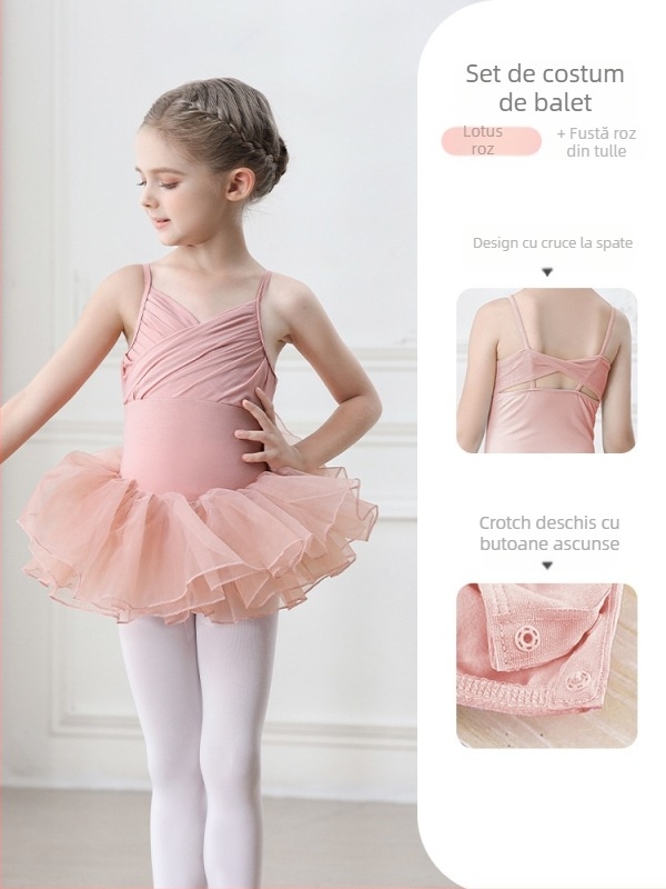 Set balet pentru copii din bumbac (95,2%), rochie cu bretele, mâneci scurte, pentru antrenament, 3–8 ani