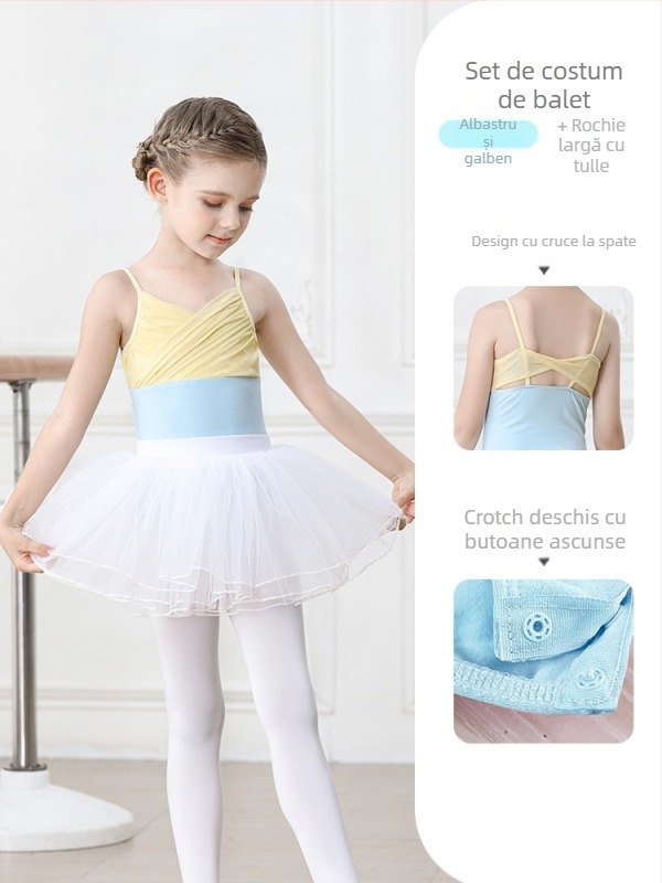Set balet pentru copii din bumbac (95,2%), rochie cu bretele, mâneci scurte, pentru antrenament, 3–8 ani
