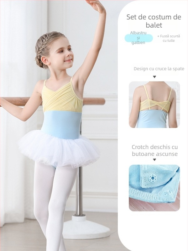 Set balet pentru copii din bumbac (95,2%), rochie cu bretele, mâneci scurte, pentru antrenament, 3–8 ani