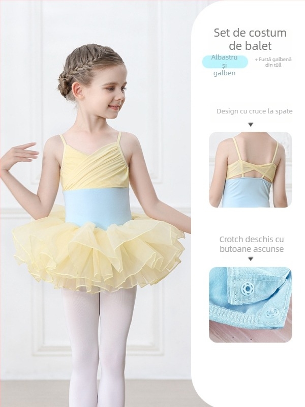 Set balet pentru copii din bumbac (95,2%), rochie cu bretele, mâneci scurte, pentru antrenament, 3–8 ani