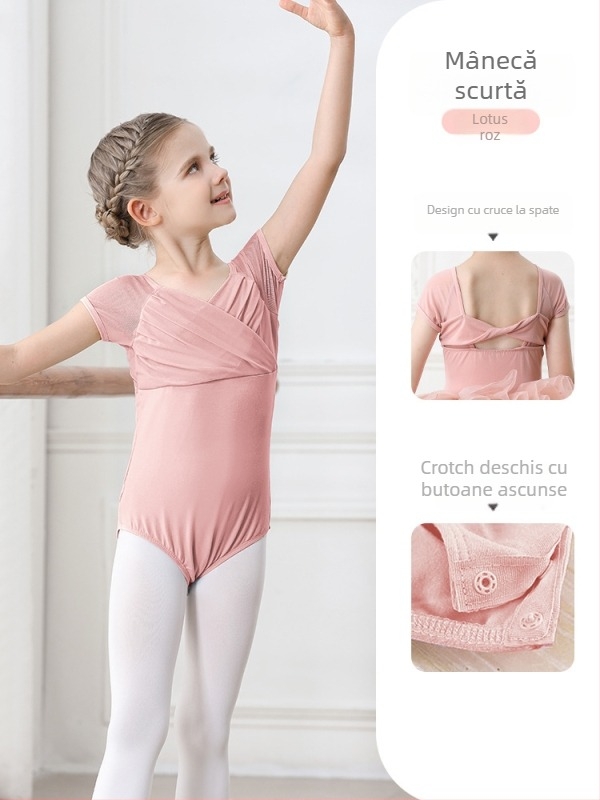 Set balet pentru copii din bumbac (95,2%), rochie cu bretele, mâneci scurte, pentru antrenament, 3–8 ani