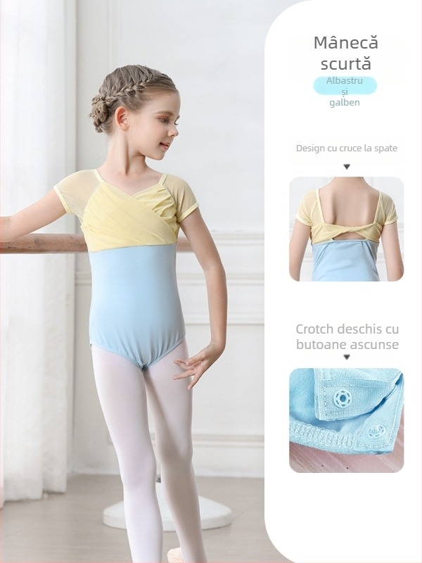 Set balet pentru copii din bumbac (95,2%), rochie cu bretele, mâneci scurte, pentru antrenament, 3–8 ani