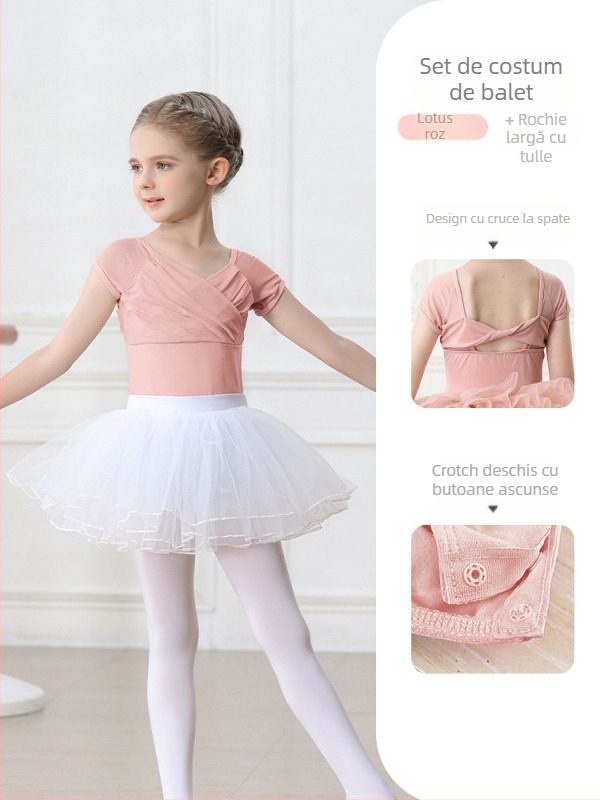 Set balet pentru copii din bumbac (95,2%), rochie cu bretele, mâneci scurte, pentru antrenament, 3–8 ani