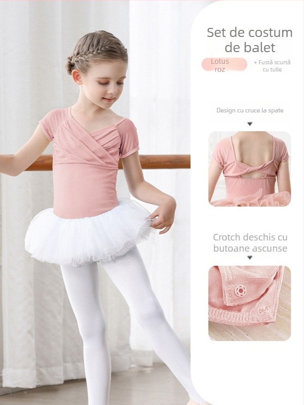 Set balet pentru copii din bumbac (95,2%), rochie cu bretele, mâneci scurte, pentru antrenament, 3–8 ani