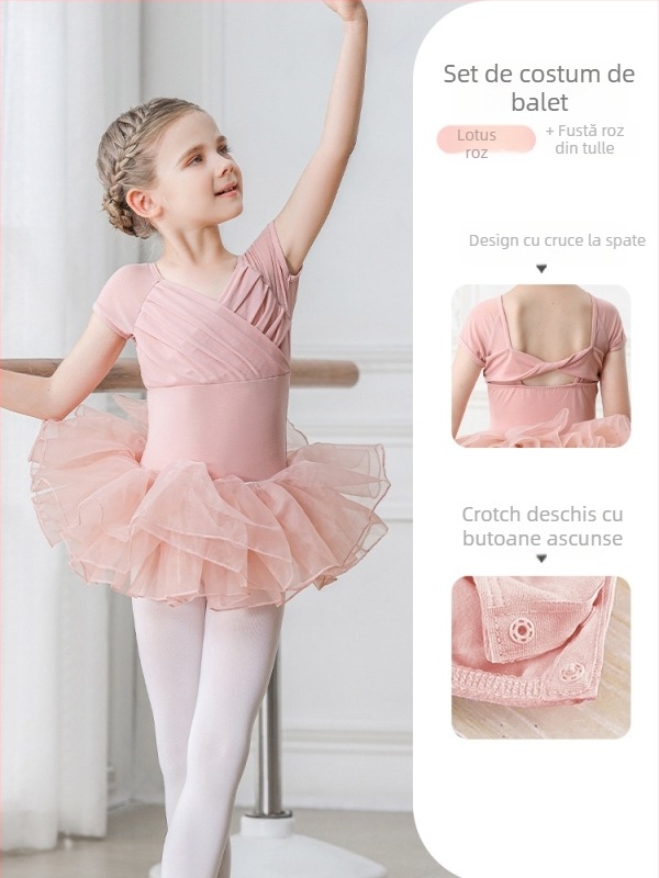 Set balet pentru copii din bumbac (95,2%), rochie cu bretele, mâneci scurte, pentru antrenament, 3–8 ani