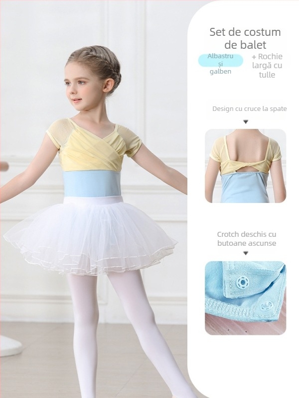 Set balet pentru copii din bumbac (95,2%), rochie cu bretele, mâneci scurte, pentru antrenament, 3–8 ani