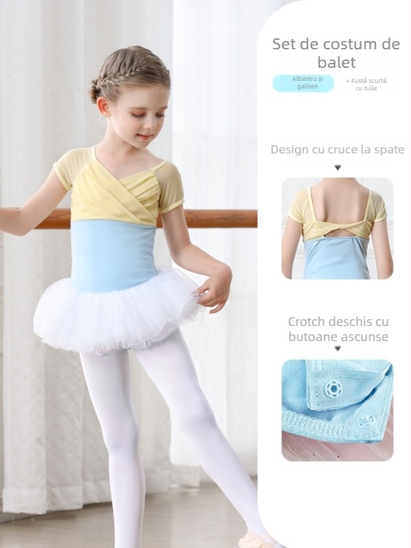 Set balet pentru copii din bumbac (95,2%), rochie cu bretele, mâneci scurte, pentru antrenament, 3–8 ani