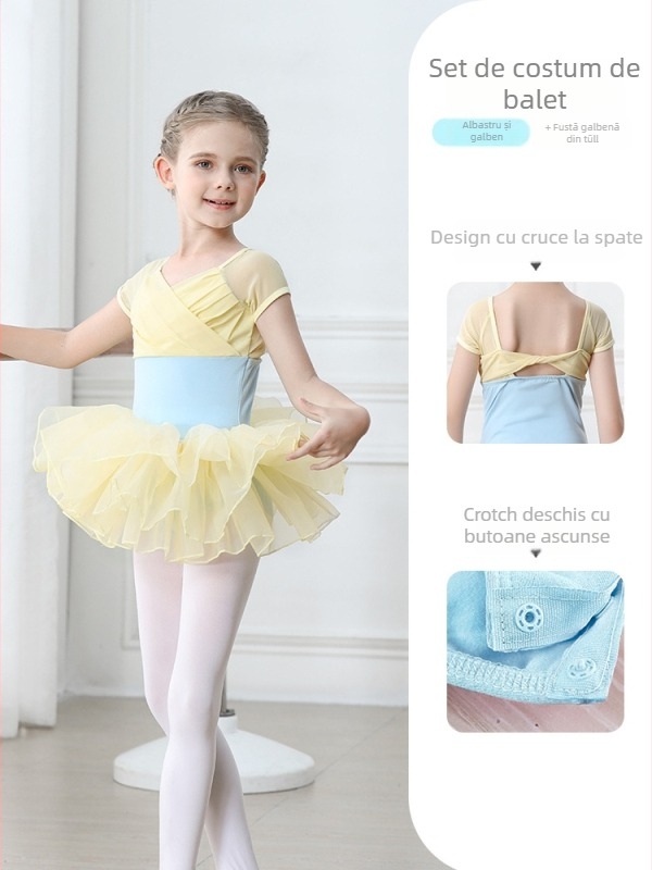 Set balet pentru copii din bumbac (95,2%), rochie cu bretele, mâneci scurte, pentru antrenament, 3–8 ani