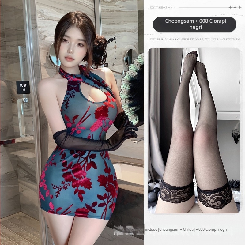 Costum de rol inspirat de Cheongsam, panouri transparente și dresuri, material poliester