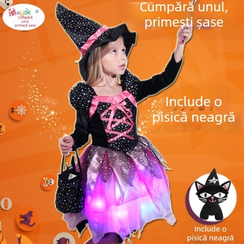 Costum de Halloween pentru copii: Rochie de prințesă‑vrăjitoare pentru reprezentații pe scenă – organza cu 80% polipropilenă și spandex, set pantaloni, pentru vârsta 3–8 ani, toamnă