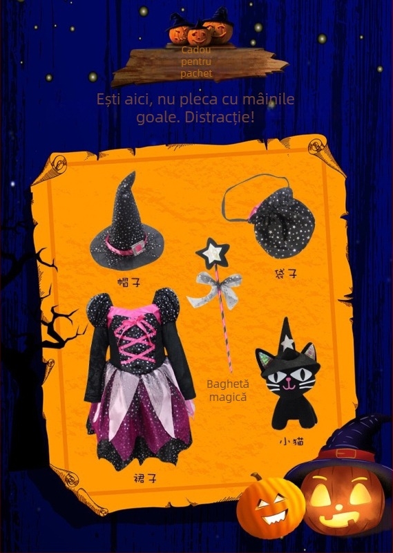 Costum de Halloween pentru copii: Rochie de prințesă‑vrăjitoare pentru reprezentații pe scenă – organza cu 80% polipropilenă și spandex, set pantaloni, pentru vârsta 3–8 ani, toamnă