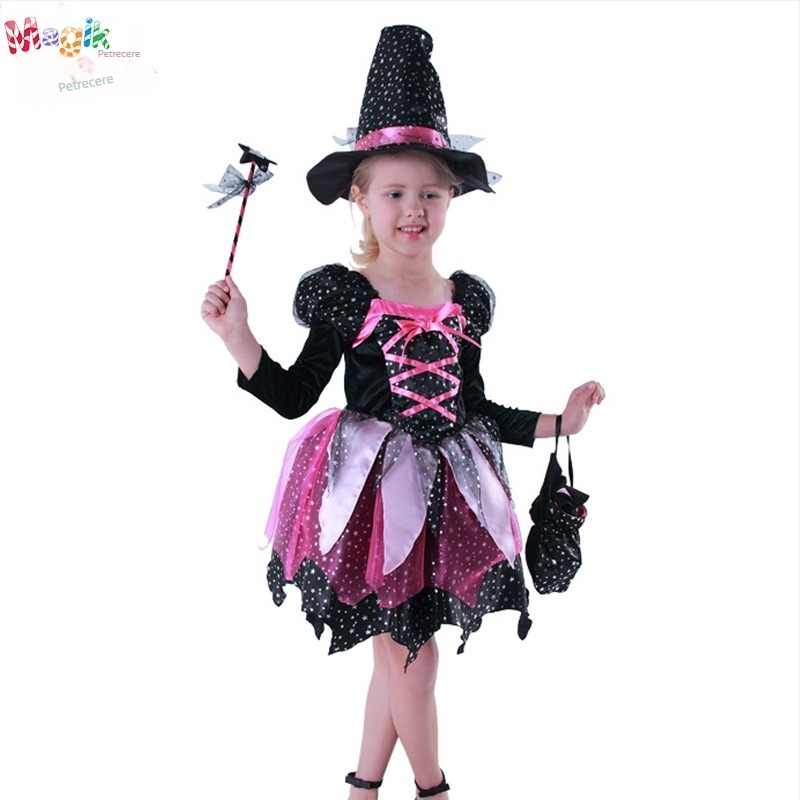 Costum de Halloween pentru copii: Rochie de prințesă‑vrăjitoare pentru reprezentații pe scenă – organza cu 80% polipropilenă și spandex, set pantaloni, pentru vârsta 3–8 ani, toamnă