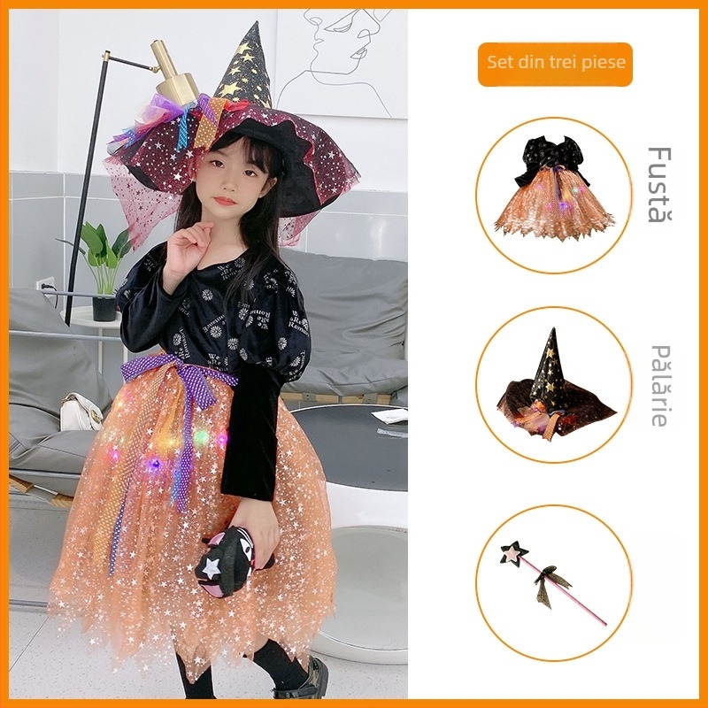 Costum de Halloween pentru copii: Rochie de prințesă‑vrăjitoare pentru reprezentații pe scenă – organza cu 80% polipropilenă și spandex, set pantaloni, pentru vârsta 3–8 ani, toamnă