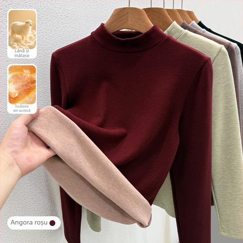 Tricou pentru femei cu guler rotund, căptușit cu fleece pentru căldură, strat de bază de iarnă 2025, mâneci lungi, tricotată din viscoză 30-50%