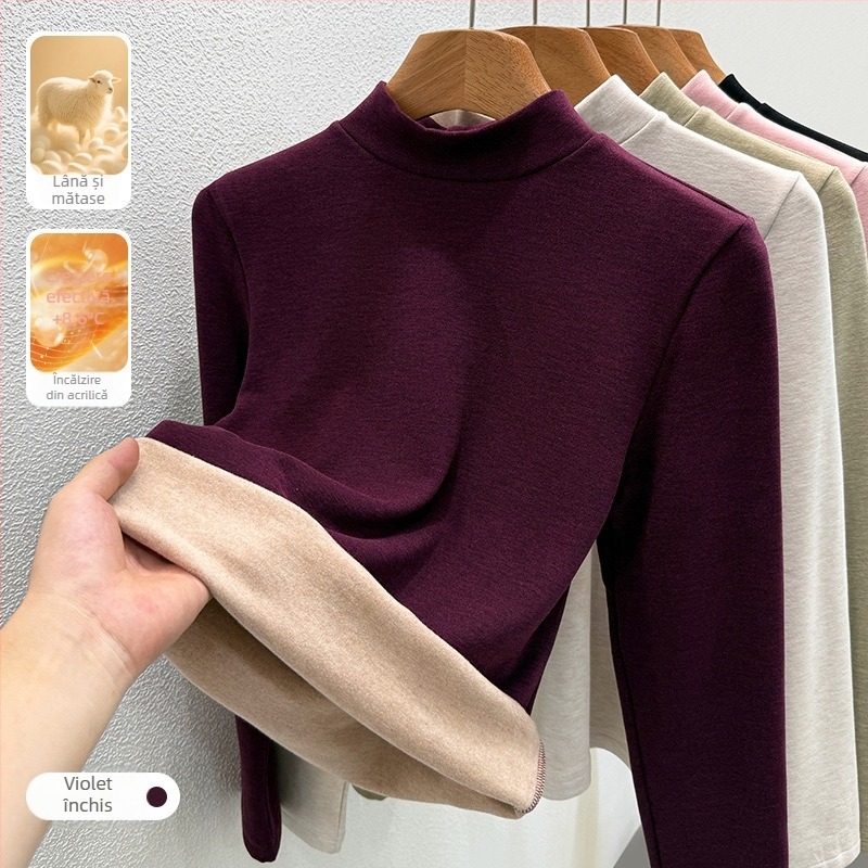 Tricou pentru femei cu guler rotund, căptușit cu fleece pentru căldură, strat de bază de iarnă 2025, mâneci lungi, tricotată din viscoză 30-50%