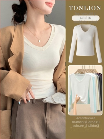 Tricou cu decolteu în V, mâneci lungi, croială slim, viscoză 90–95%