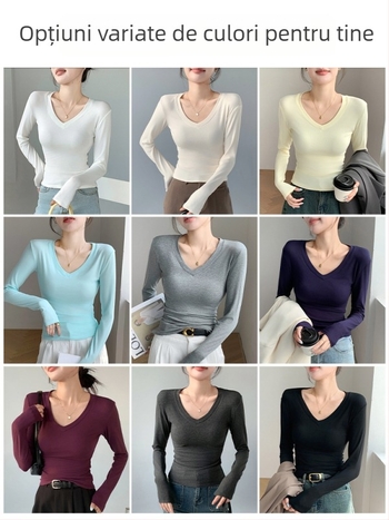 Tricou cu decolteu în V, mâneci lungi, croială slim, viscoză 90–95%