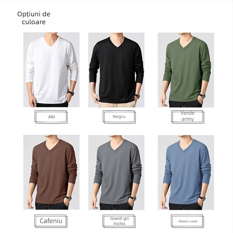 Tricou cu decolteu în V, mâneci lungi, Slim-fit, 100% bumbac, ușor