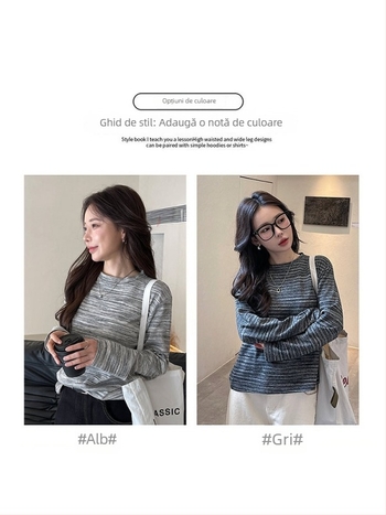 Top tricotat pentru femei cu model gradient și dungi, mâneci lungi, croială lejeră, decolteu rotund, stil casual, toamnă 2025