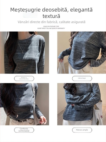 Top tricotat pentru femei cu model gradient și dungi, mâneci lungi, croială lejeră, decolteu rotund, stil casual, toamnă 2025
