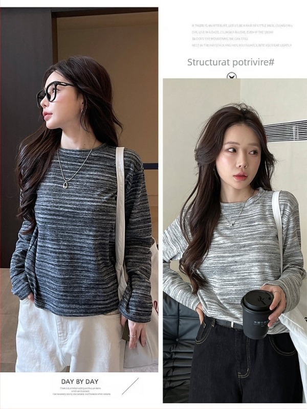 Top tricotat pentru femei cu model gradient și dungi, mâneci lungi, croială lejeră, decolteu rotund, stil casual, toamnă 2025