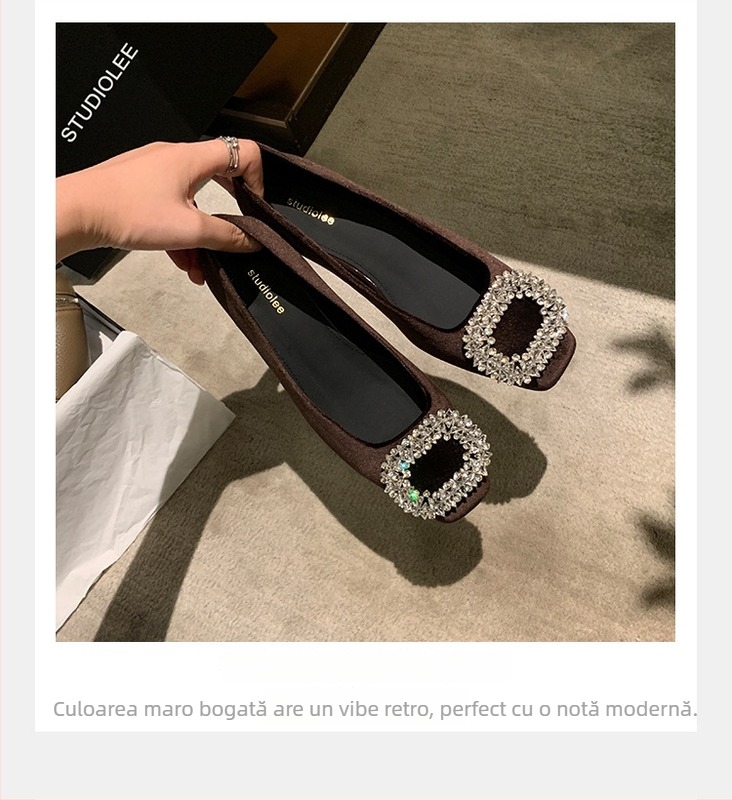 Pantofi femei cu toc mic și vârf drept, partea superioară din Super Fiber, branț PU, talpă din cauciuc, stil coreean