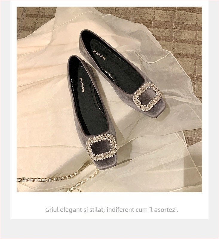 Pantofi femei cu toc mic și vârf drept, partea superioară din Super Fiber, branț PU, talpă din cauciuc, stil coreean