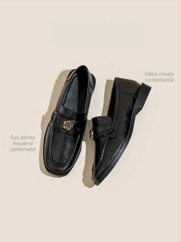 Mocasini dama din piele de miel, talpă moale lucrată manual, vârf pătrat, toc mic 1–3 cm, talpă din cauciuc